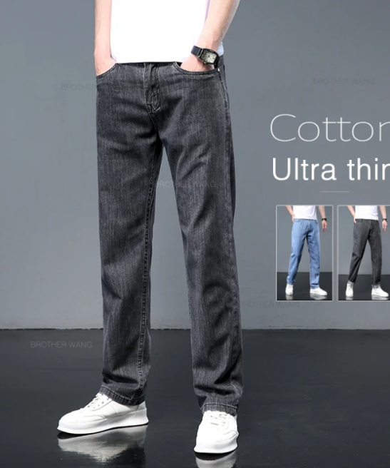 Summer Thin Men's Classic Jeans Loose Straight Business Casual High Waist Washed Cotton Denim Pants Brand Trousers 40 42 44