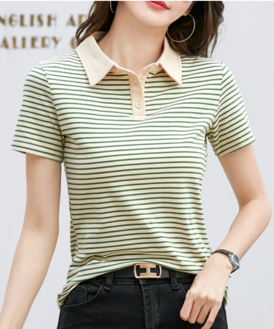 Korean Style Short Sleeve Polo Shirt Women Cotton Stretch Fashion Summer Tops Elegant Knitted Striped T-shirt For Women
