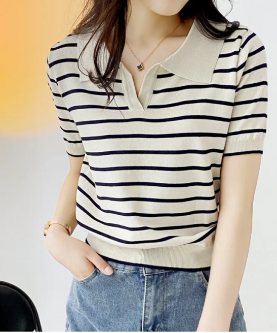 Women Summer POLO T-Shirt Causal Cotton Short Sleeve Lady T Shirt Striped Summer Female Trendy Fashion Top Tee