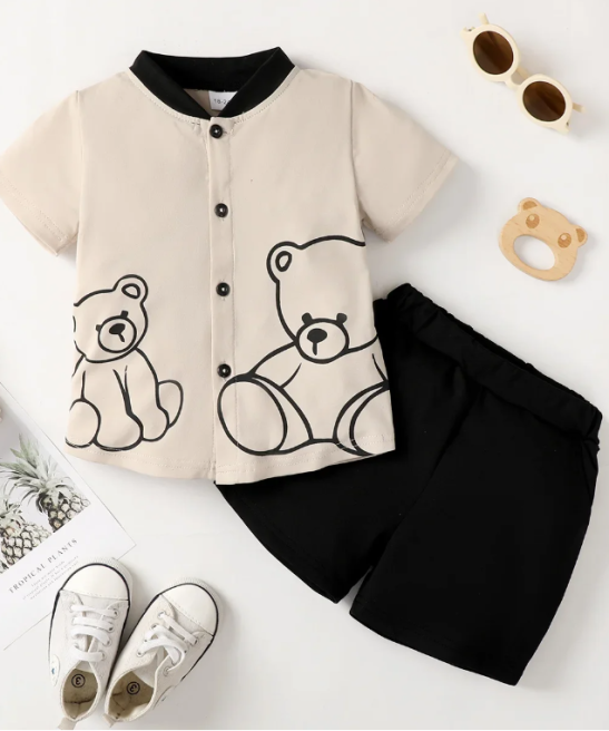 Kids 2 Pieces Clothing Set Bear Print Button Short Sleeve Top and Shorts Birthday Party Suit for Boys 1-6 Years