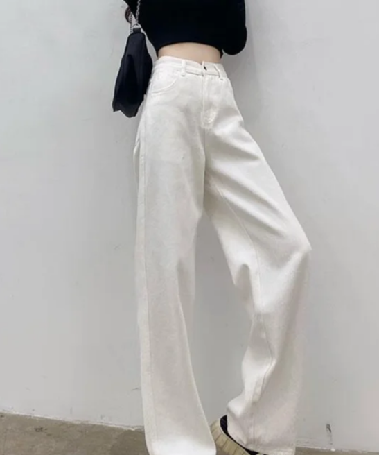 Autumn Spring Jeans Women Denim Pants Vintage Straight Trousers Fashion Female White Black Solid Loose Casual Wide Leg Pants