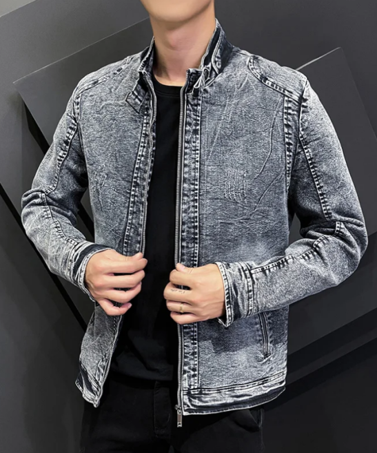 Retro American denim jacket Men Coats Slim fitting standing collar Jackets for Men Casual Zip Up Autumn Warm Jacket Men Clothing