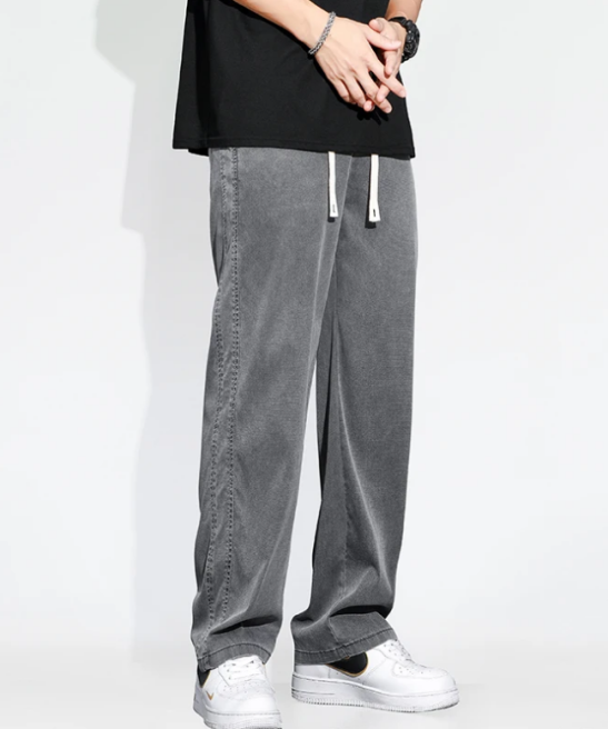 Summer Thin Loose Wide-leg Men Jeans Soft Lyocell Elastic Fashion Casual Straight Drawstring Denim Trousers Black Blue Gray