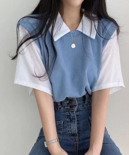 Korean Casual False Two-piece Lady Polo Shirts Contrast Color Spliced Short Sleeve Women's Tops Spring Summer New 2024 T-shirts