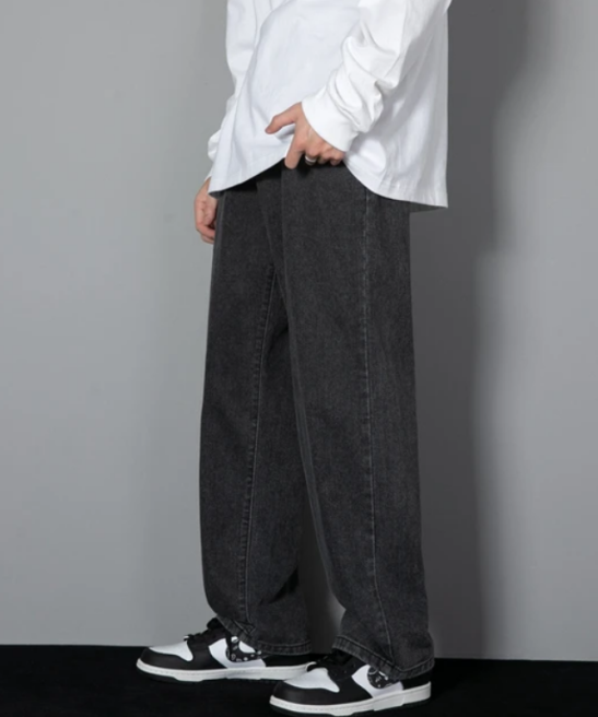 2024 New Korean Men's Casual Long Jeans Classic Man Straight Denim Wide-leg Pants Solid Color Light Blue Grey Black 3XL