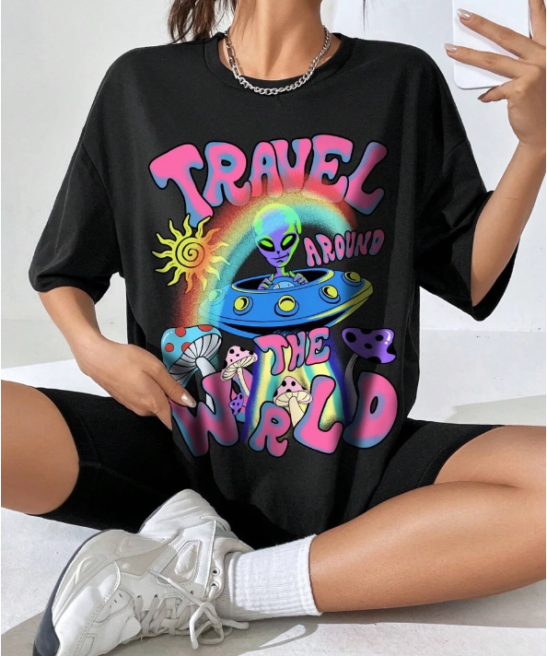 Cartoon Aliens Printed Women T-Shirts Casual Fashion All-Match Short Sleeve Tops Loose Comfortable Round Neck Street Clothing