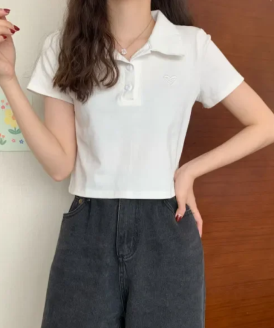 Polo Shirt Women T-Shirts and Blouses Korean Reviews Half Sleeve Top Female Clothing Summer Embroidered Solid Color Top 2024