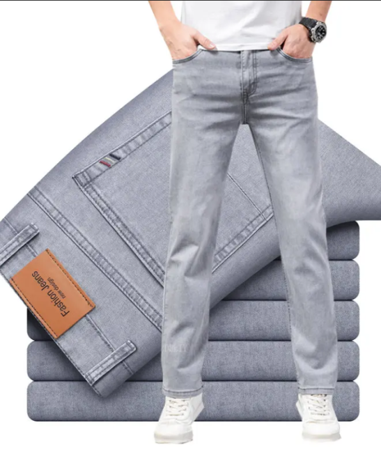 2024 Men's Cotton Stretch Jeans Thin or Thick Material Straight Jeans Business Casual High Waist Light Gray Blue Jeans