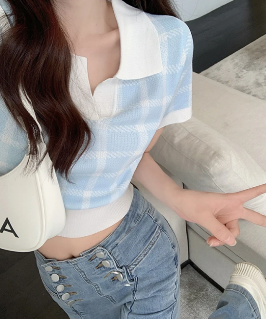 Chic Knit Crop Tops Female Sweet Spicy Girl Summer Niche High Waist Polo Shirt Short Sleeve T-Shirt for Womens 2024 Fashion Tee
